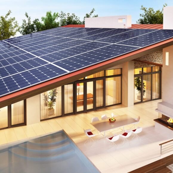 Solar,Panels,On,The,Roof,Of,The,Big,House.,3d